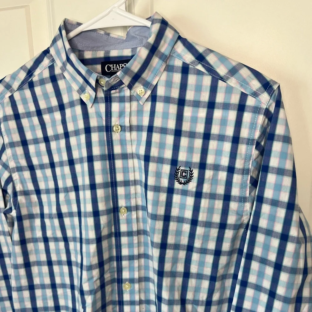 Chaps Boys Blue and White Plaid Button-Down Shirt